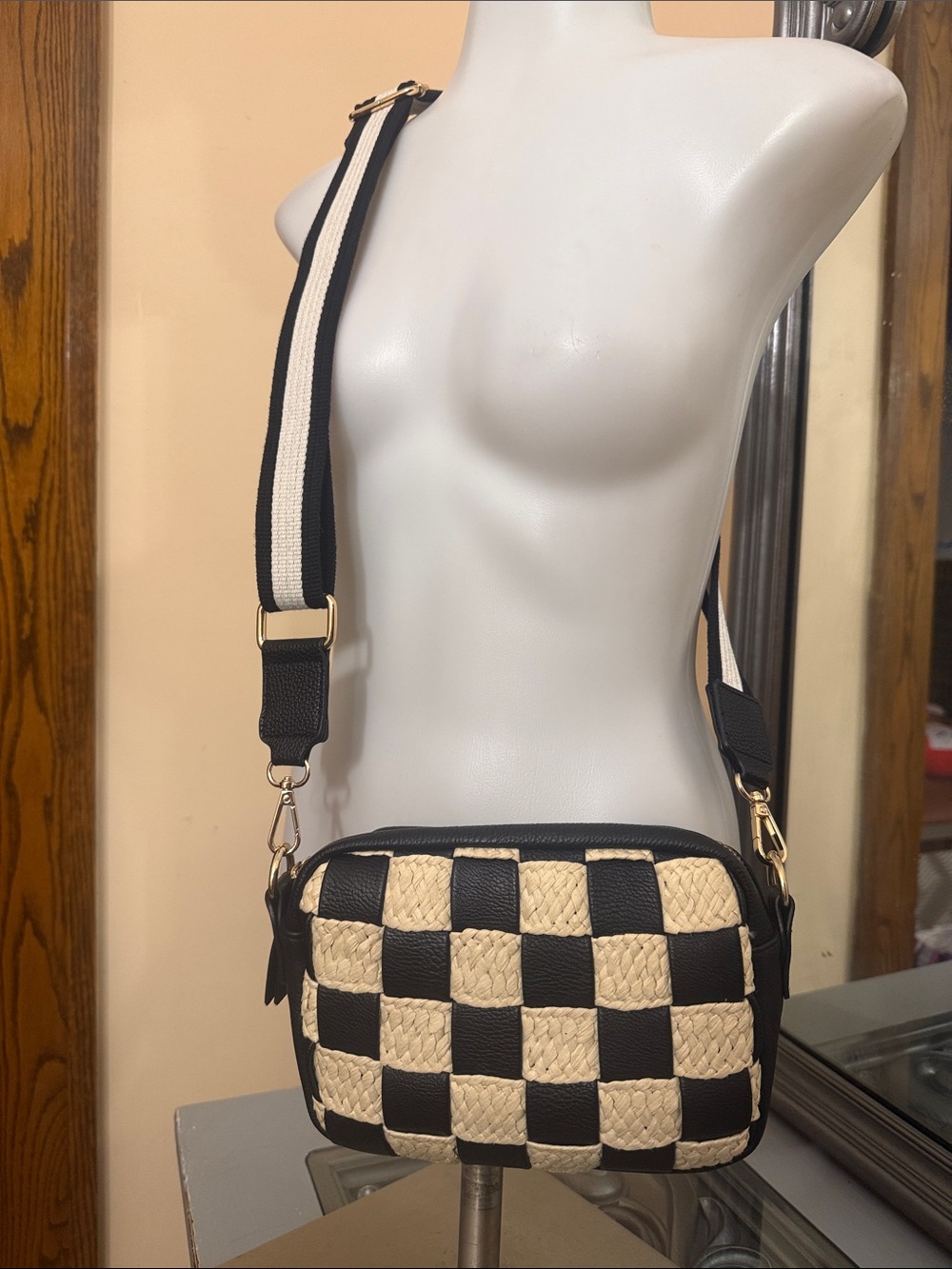 Universal Thread Black & Natural Woven Checker Crossbody